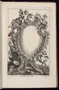 Kartusche mit Putto, der Trompeten hält, Livre de Cartouches Irréguliers (Buch der unregelmäßigen Kartuschen) von François de Cuvilliés the Elder