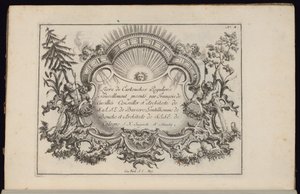 Kartusche mit Sonne und vier Winden, Livre de Cartouches Reguliers (Buch der regelmäßigen Kartuschen) von François de Cuvilliés the Elder