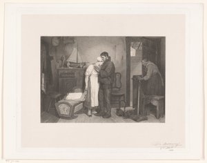 Fischerinterieur mit trauerndem Paar bei einer leeren Wiege von François de Meersman (signed by artist)