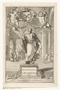 Asklepios, Titelblatt für: S.n., Pharmacopoea Leidensis, amplissimorum magistratuum auctoritate instaurata, 1770 von François van Bleyswijck