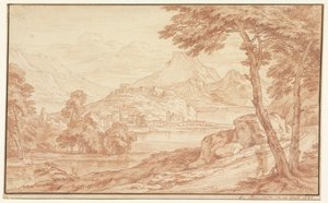 Landschaft mit einem Dorf am Wasser