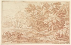 Landschaft mit Fluss und Brücke mit rundem Turm