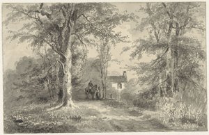 Allee zwischen Bäumen mit Reiter und Frau von Frans Breuhaus de Groot