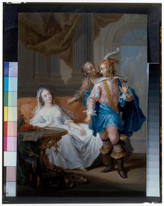 Ein elegantes Paar mit einer alten Magd in einem Innenraum von Frans Christoph Janneck