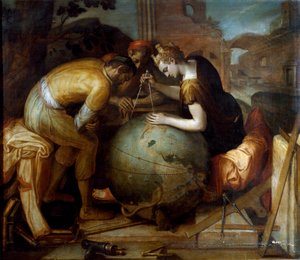 Geometrie. Allegorie und Personifikation der Geometrie, die einen Zirkel über einem Globus hält. Verschiedene geometrische Instrumente sind im Vordergrund angeordnet. von Frans Floris