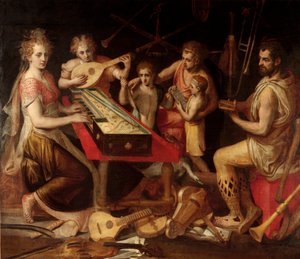 Musikcharaktere, alte Musikinstrumente bilden eine Allegorie. von Frans Floris