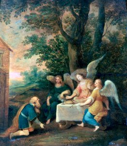 Abraham kniet vor drei Engeln von Frans Francken II