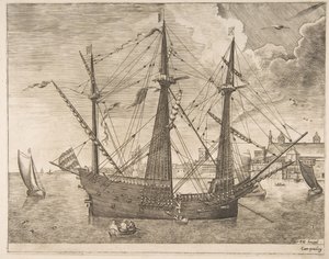 Bewaffneter Dreimaster vor Anker in der Nähe einer Stadt aus Die Segelschiffe, ca. 1555-56 von Frans Huys