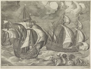 Drei Kriegsschiffe, im Vordergrund Arion auf einem Delfin
Segelschiffe (Serientitel) von Frans Huys