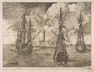 Viermaster links und zwei Dreimaster vor einer befestigten Insel mit einem Leuchtturm verankert, 1561-65