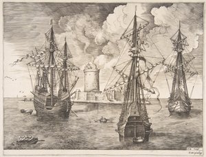 Viermaster und zwei Dreimaster vor einer befestigten Insel, aus The Sailing Ves..., 1561-65