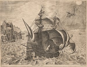 Kriegsschiff mit dem Sturz des Ikarus von Frans Huys