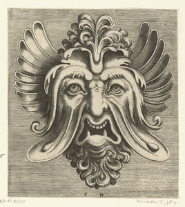 Maske mit hängenden Wangen, zwei spitzen Unterzähnen und einer Locke auf der Nasenwurzel von Frans Huys