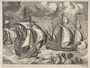 Drei Karavellen in einem aufkommenden Sturm mit Arion auf einem Delfin (1561-65) von Frans Huys