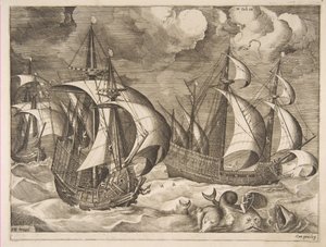 Drei Karavellen in einem aufkommenden Sturm mit Arion auf einem Delfin aus Die Segelschiffe, 1561-65 von Frans Huys