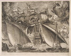 Zwei Galeeren segeln hinter einem bewaffneten Dreimaster mit Phaeton und Jupiter am Himmel, f..., 1561-65 von Frans Huys