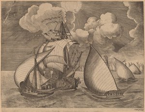 Eine Flotte von Galeeren eskortiert von einer Karavelle von Frans Huys after Pieter Bruegel the Elder