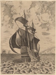 Bewaffneter Viermaster segelt in Richtung eines Hafens von Frans Huys after Pieter Bruegel the Elder