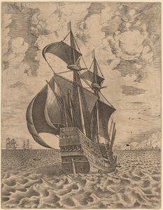 Bewaffneter Viermaster segelt in Richtung Hafen von Frans Huys after Pieter Bruegel the Elder