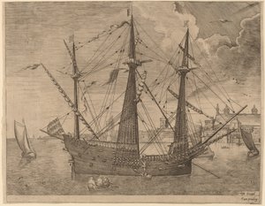 Bewaffneter Dreimaster vor Anker in der Nähe einer Stadt von Frans Huys after Pieter Bruegel the Elder