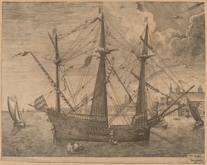 Bewaffneter Dreimaster vor Anker in der Nähe einer Stadt von Frans Huys after Pieter Bruegel the Elder