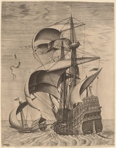 Bewaffneter Dreimaster auf offener See, begleitet von einer Galeere von Frans Huys after Pieter Bruegel the Elder