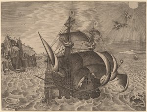 Bewaffneter Dreimaster mit Daedalus und Ikarus am Himmel von Frans Huys after Pieter Bruegel the Elder