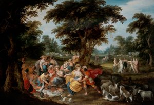 Arkadia: Eine pastorale Landschaft mit Hirten und Hirtin beim Picknick von Frans II the Younger Francken