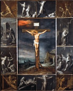 Der gekreuzigte Christus umrahmt von Szenen des Martyriums der Apostel von Frans II the Younger Francken
