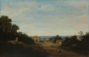 Brasilianische Landschaft mit dem Dorf Igaraçu. Links die Kirche der Heiligen Cosmas und Damian von Frans Post