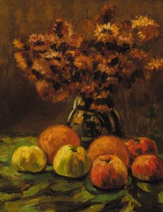 Äpfel, Orangen und eine Vase mit Blumen auf einem Tisch von Frans Mortelmans