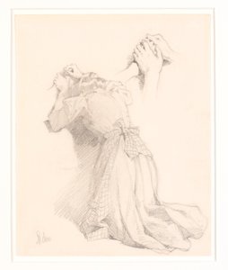 Ein Blatt mit fünf Bleistiftskizzen. Frauenfiguren. Studie von Händen.