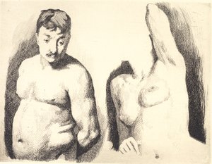 Probenplatte mit zwei Studien nach nacktem männlichen und weiblichen Modell in Halbfigur von Frans Schwartz
