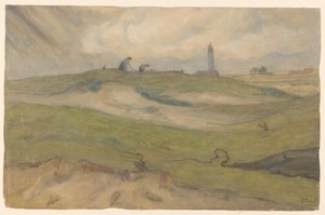 Dünenlandschaft mit Leuchtturm und Netzflickern von Frans Alexander Evert Lodewijk Smissaert