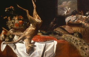 Ein totes Reh und Vögel, ein Hummer auf einem Teller, ein Korb mit Obst und Gemüse