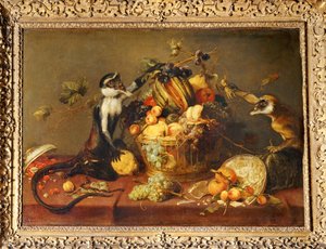 Zwei Affen plündern einen Obstkorb von Frans Snyders