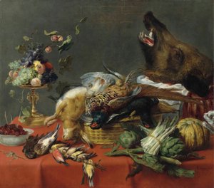 Gedeckter Tisch mit Wild, Obst, Gemüse und einem Wildschweinkopf von Frans Snyders