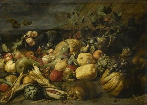 Obst und Gemüse mit einem Affen, einem Papagei und einem Eichhörnchen von Frans Snyders