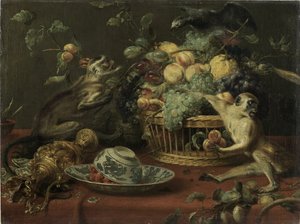 Affen und Papagei in der Nähe eines Obstkorbs von Frans Snyders