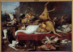 Stillleben mit Wild (Fasan, Gans, Hirsch), Fischscheibe, Krabbe, Hülsenfrüchte von Frans Snyders