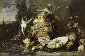 Drei Affen stehlen Früchte, mit Blick auf eine Landschaft von Frans Snyders