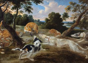 Ein Fuchs in der Enge, umgeben von Hunden