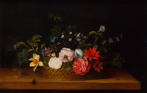 Blumen in einem Korb mit Insekten auf einem Sims von Frans Ykens