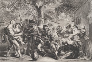 Don Quijote und Truppen der Heiligen Bruderschaft vor einer Taverne von Frans van den Wyngaerde