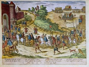 Einzug von Herzog Ferdinand Alvare von Toledo oder Fernando Alvarez de Toledo y Pimentel (1508-1582), 3. Herzog von Alba de Tormes, in Brüssel am 08.08.1567 mit der spanischen Armee. 1653 Druck von Franz Hogenberg (1535-1590) Kabinett der Drucke, B.N., Par