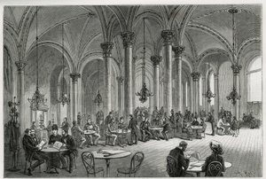 Das zentrale Café in Wien (Österreich). Gravur von Kollarz, zur Illustration der Geschichte Wien und seine Vororte von M. Newlinski, 1881, veröffentlicht in Le tour du monde, unter der Leitung von Edouard Charton (1807-1890)