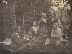 [Drei Frauen, zwei Männer und ein Kind bei einem Picknick] von Franz Antoine