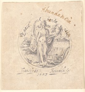 Die Fülle als stehende Frauenfigur mit Füllhorn und Friedenspalme. Rund eingerahmt von Franz Aspruck