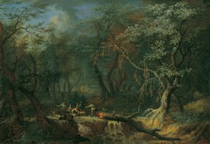 Waldlandschaft mit gestürztem Baum und Jägern von Franz Christoph Janneck
