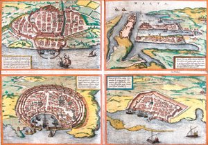 Plan von Cagliari (Sardinien), Malta, Rhodos und Famagusta (Zypern) von Franz Hogenberg